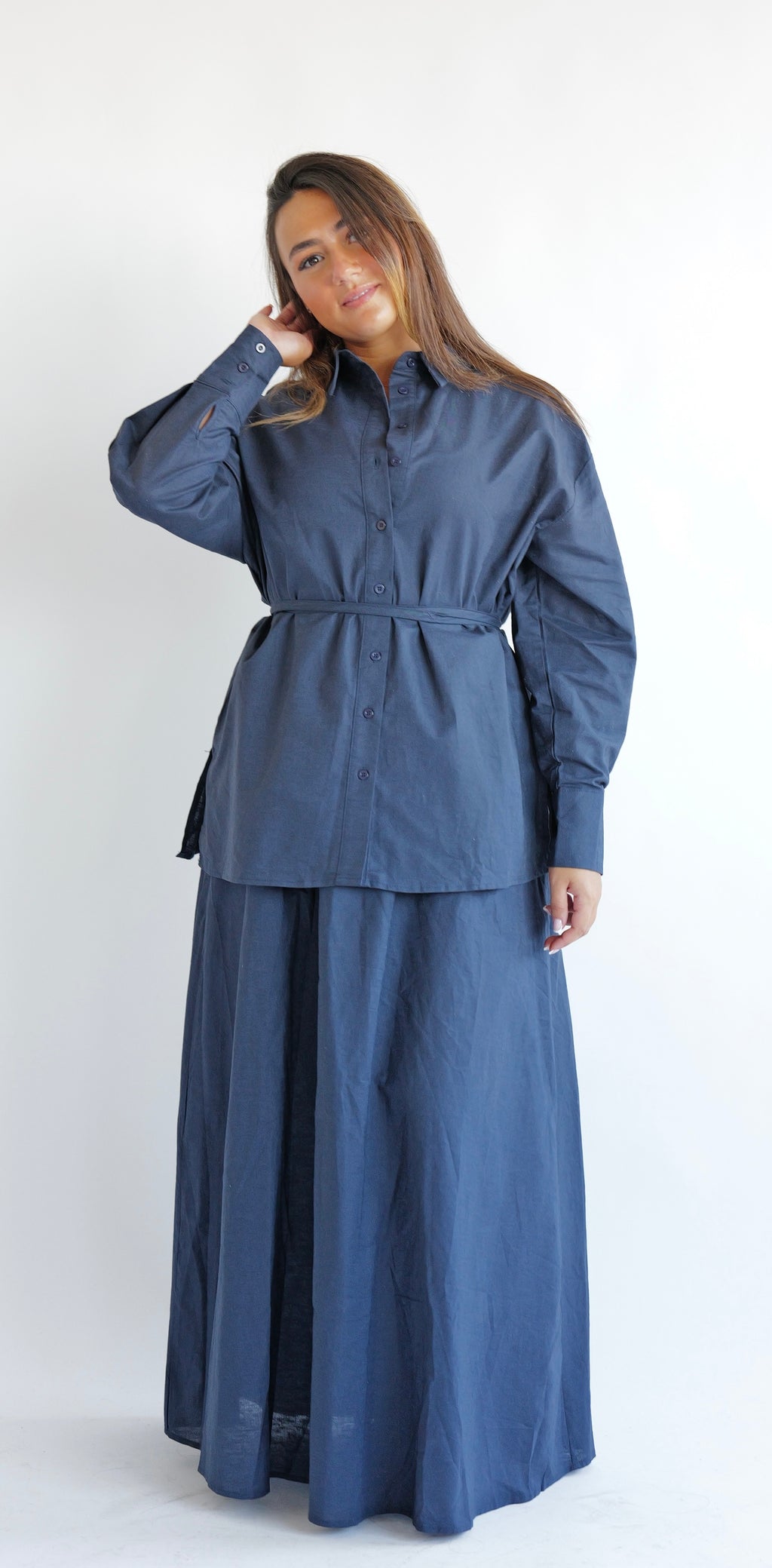 ZURI - Ensemble à jupe en lin Marine/Blanc